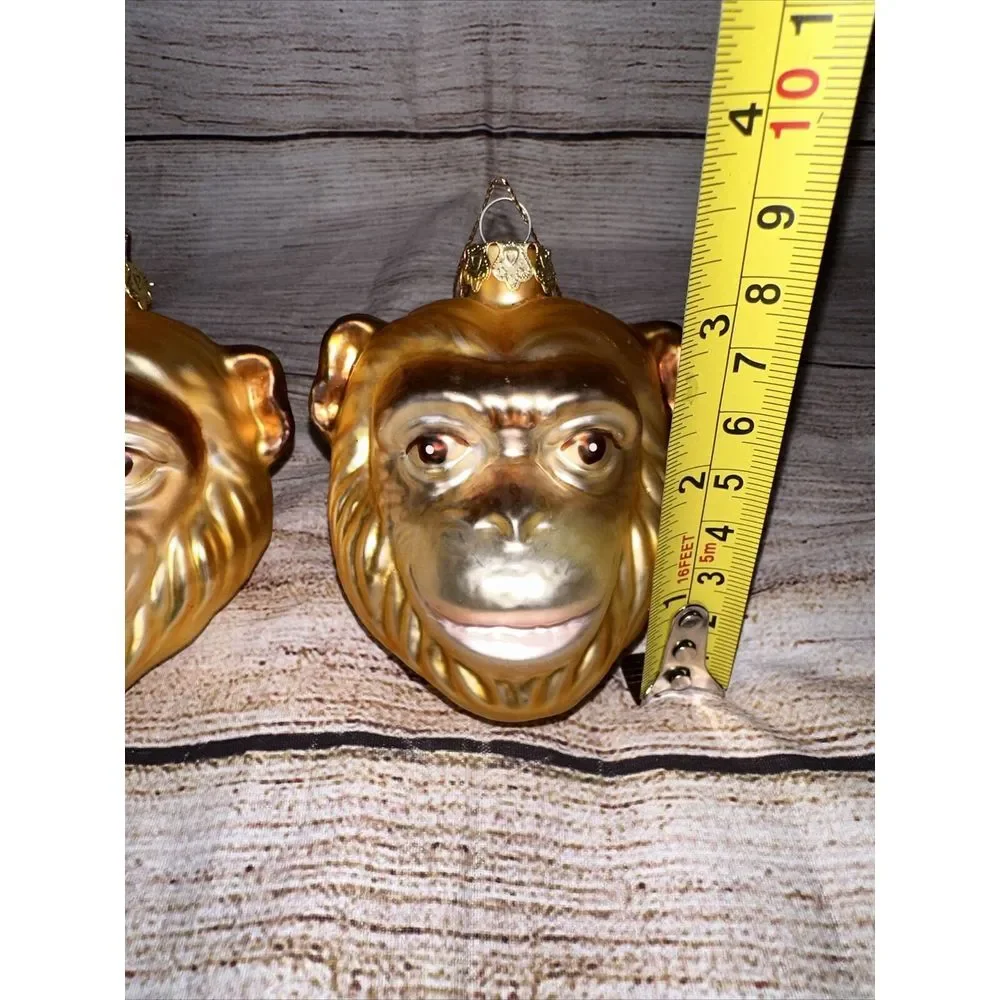 Set of 2 Monkey Head Glass Christmas Ornaments‎ Gold Safari Jungle Chimpanzee